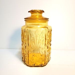LE Smith Imperial Atterbury Scroll Amber Glass Canister 9" Apothecary Jar.